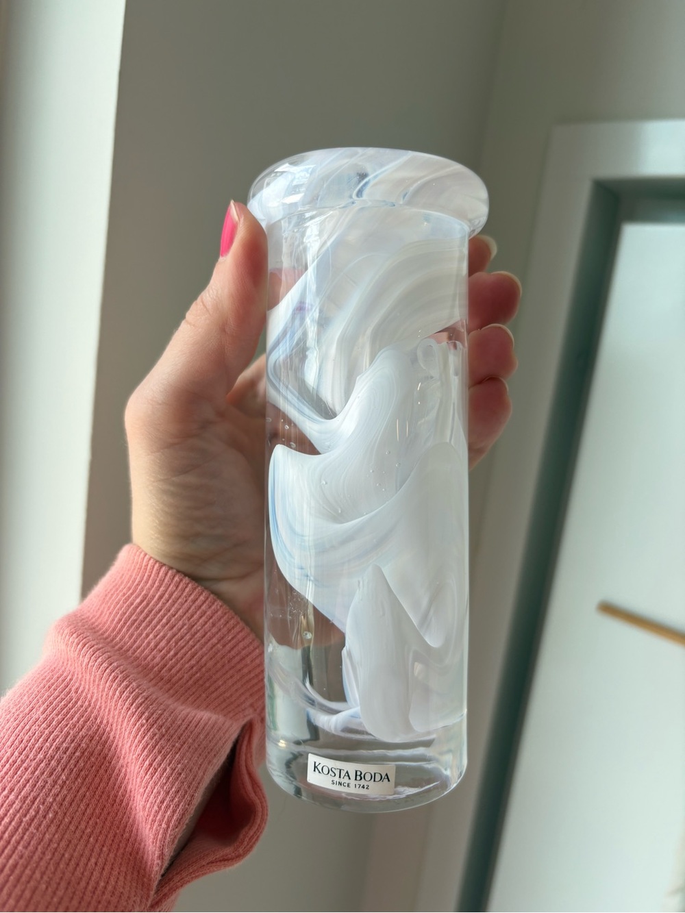 Kosta Boda Clear Glass Cylinder Candleholder with White Swirl